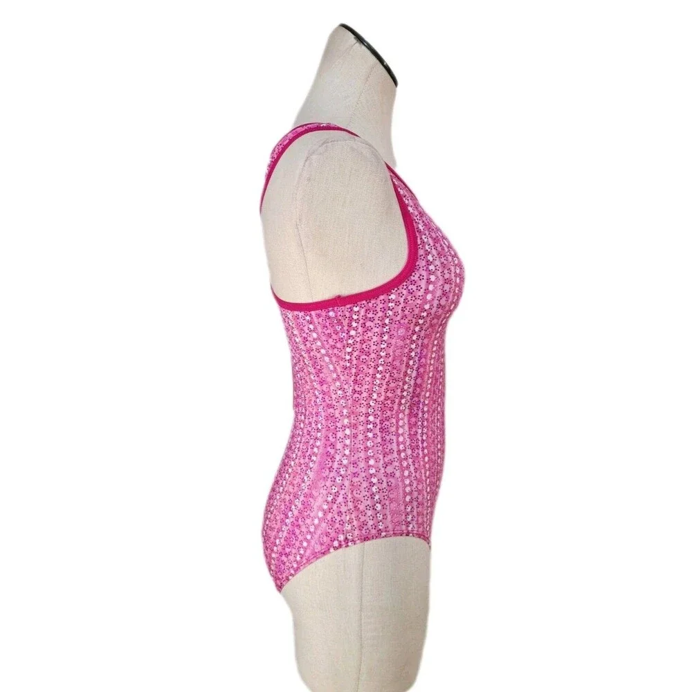 GK Elite VTG Pink Dots Keyhole Racerback Tank Leotard Glittery Size AL Adult L - Picture 3 of 16